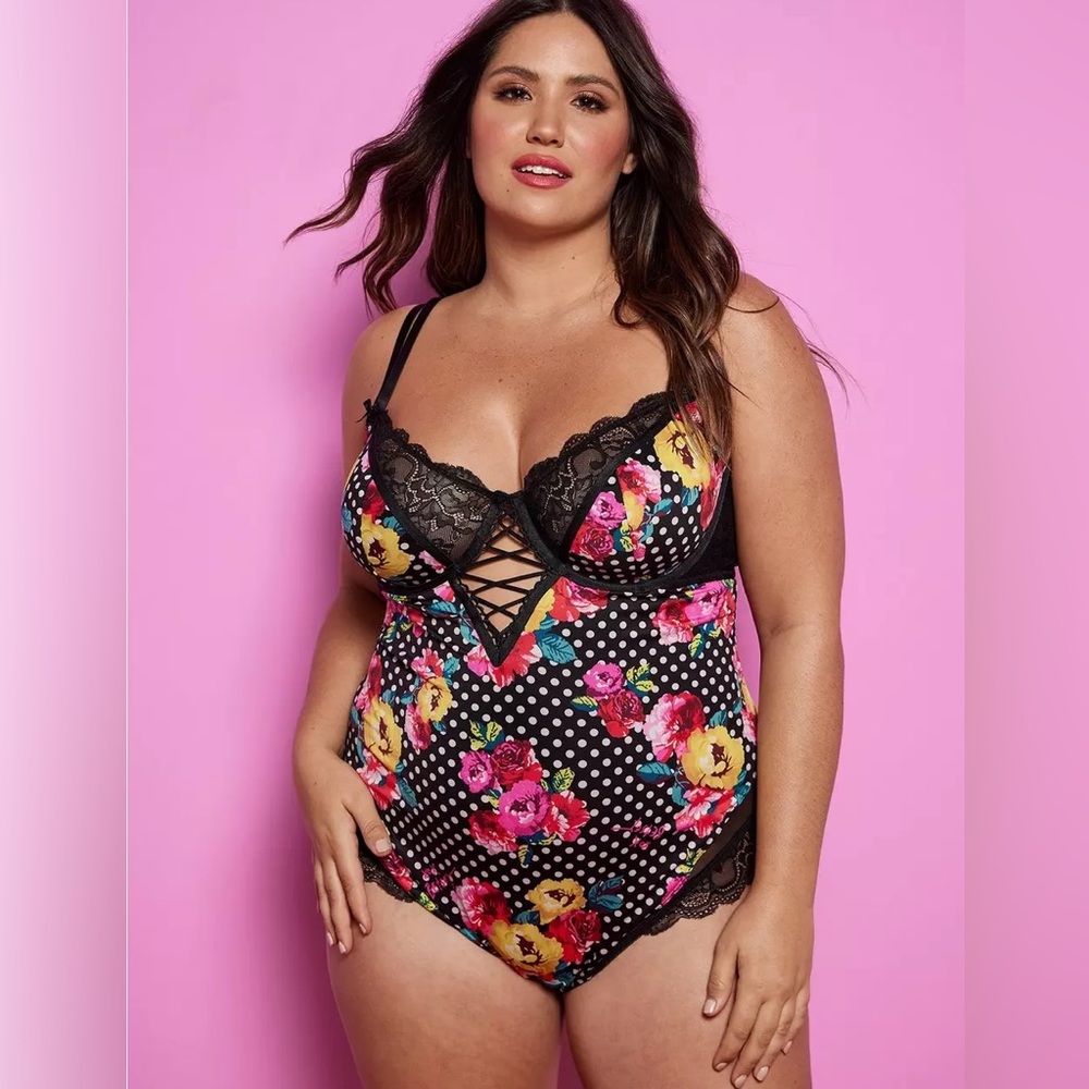 Betsey Johnson Vibrant Floral and Polka Dot Lace Top